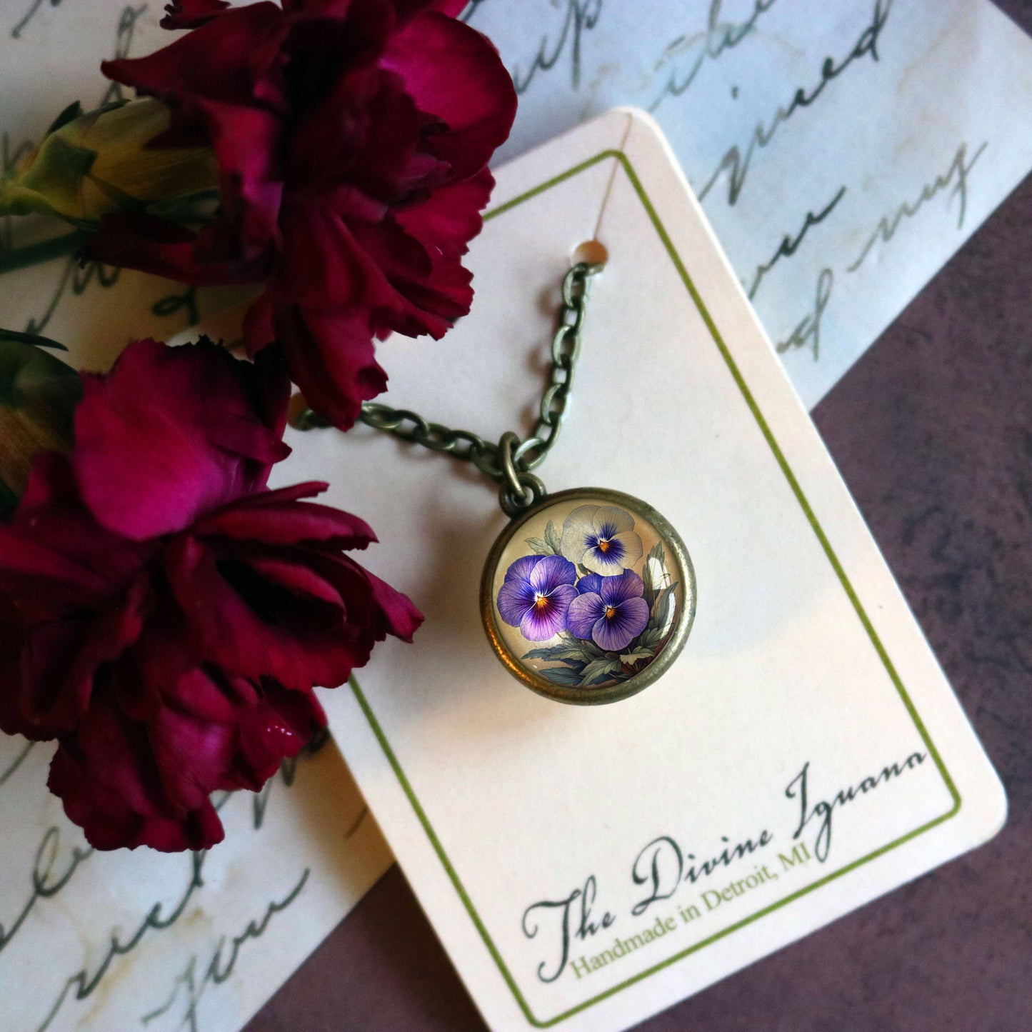 Purple Pansies Pendant Necklace - Spring Floral