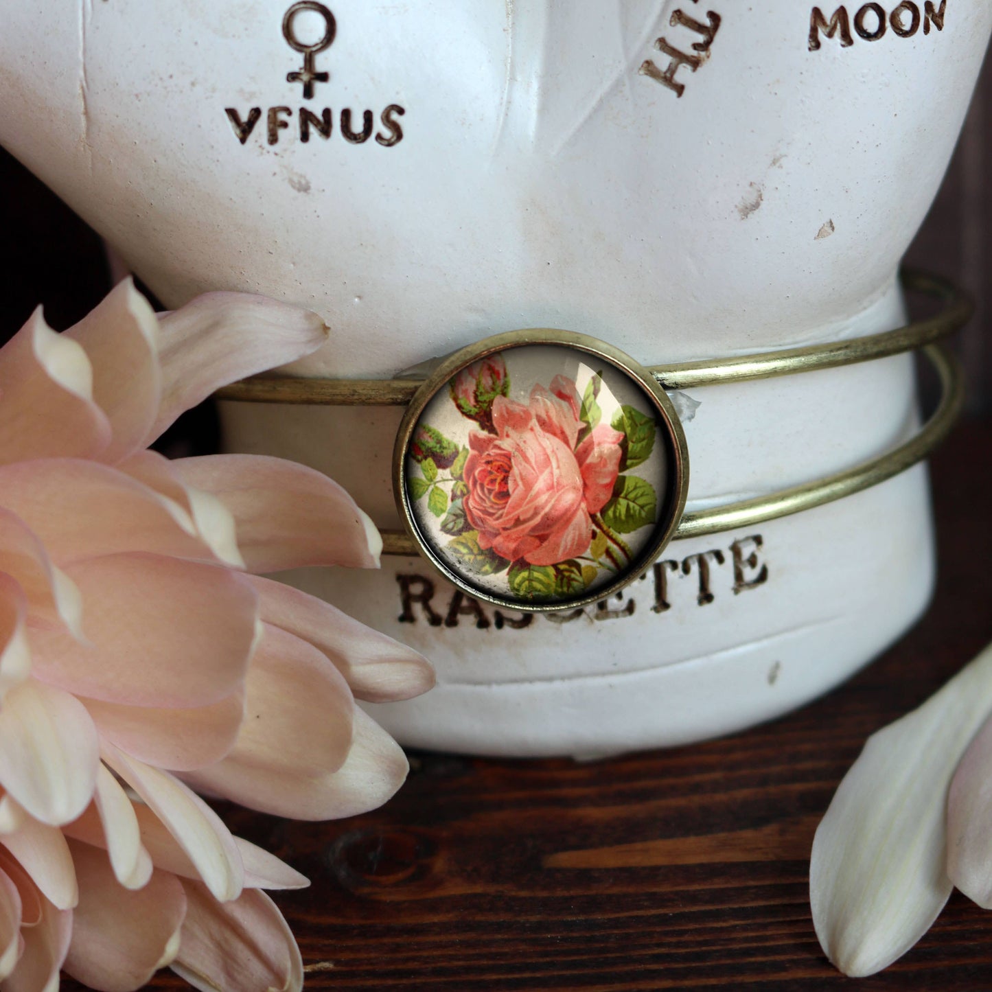 Red Rose Cuff Bracelet - Romantic - Bronze and Glass Cabochon