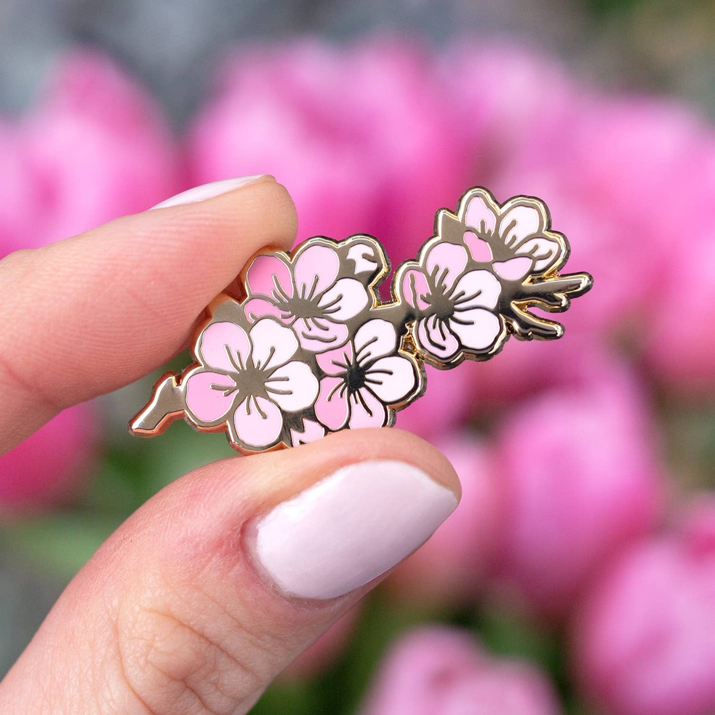 Cherry Blossom Branch Enamel Pin - Gold Plated Base