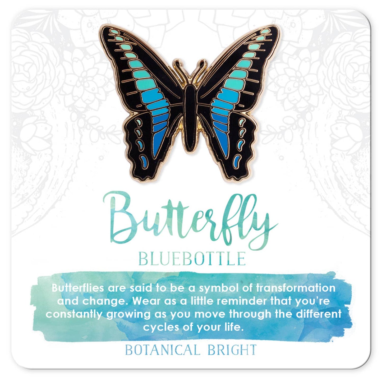 Blue Bottle Butterfly Enamel Pin - Gold Plated Base