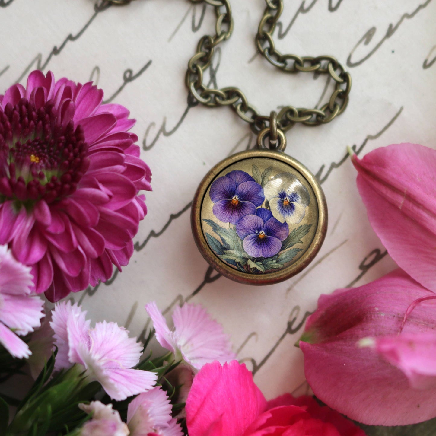 Purple Pansies Pendant Necklace - Spring Floral