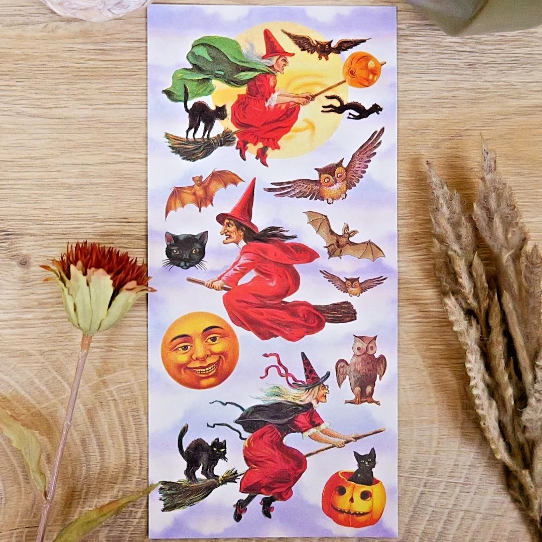 Vintage Victorian Halloween Witch Stickers - 2 Sticker Sheets