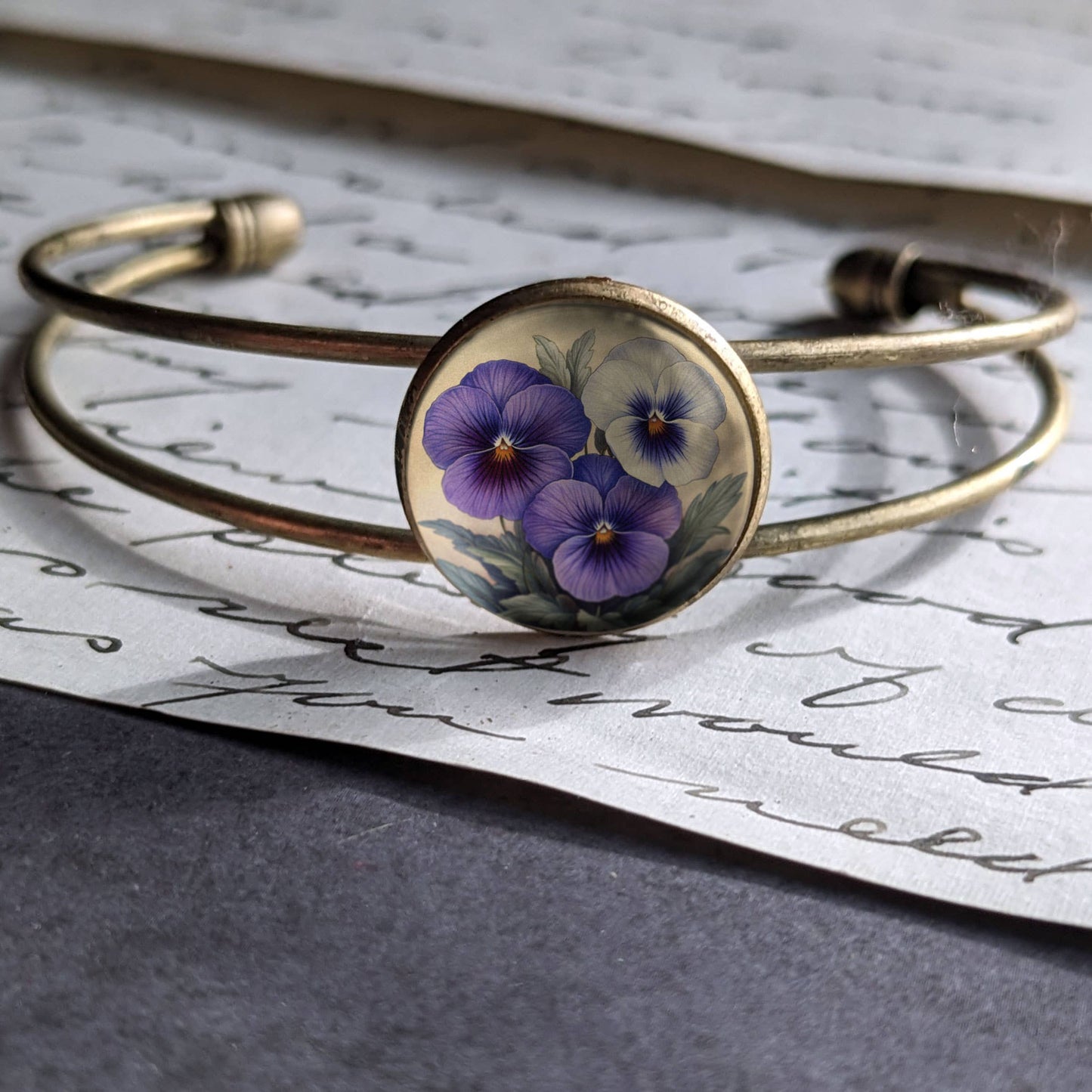 Purple Pansies Cuff Bracelet - Spring Floral - Bronze and Glass Cabochon