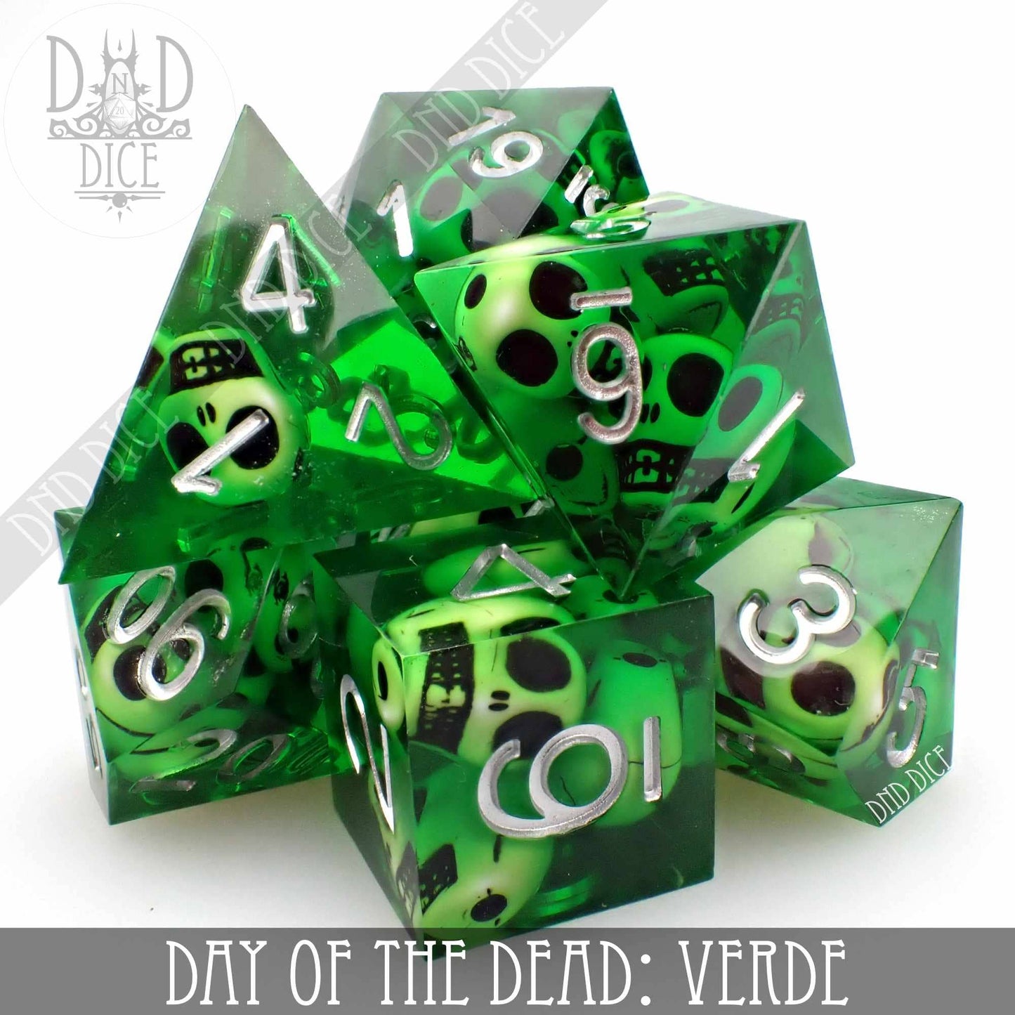 Dice Set - Day of the Dead - Verde - Handmade - 7 Resin Dice