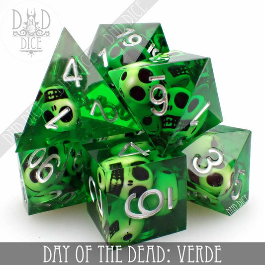 Dice Set - Day of the Dead - Verde - Handmade - 7 Resin Dice