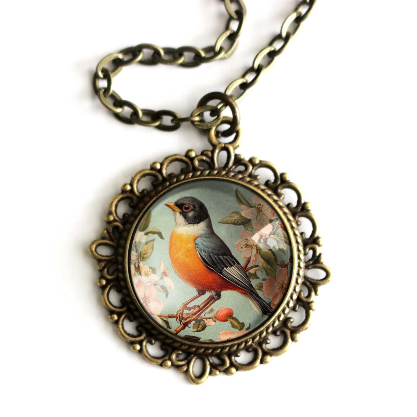 Vintage Robin Bird Pendant Necklace - Cottage Core