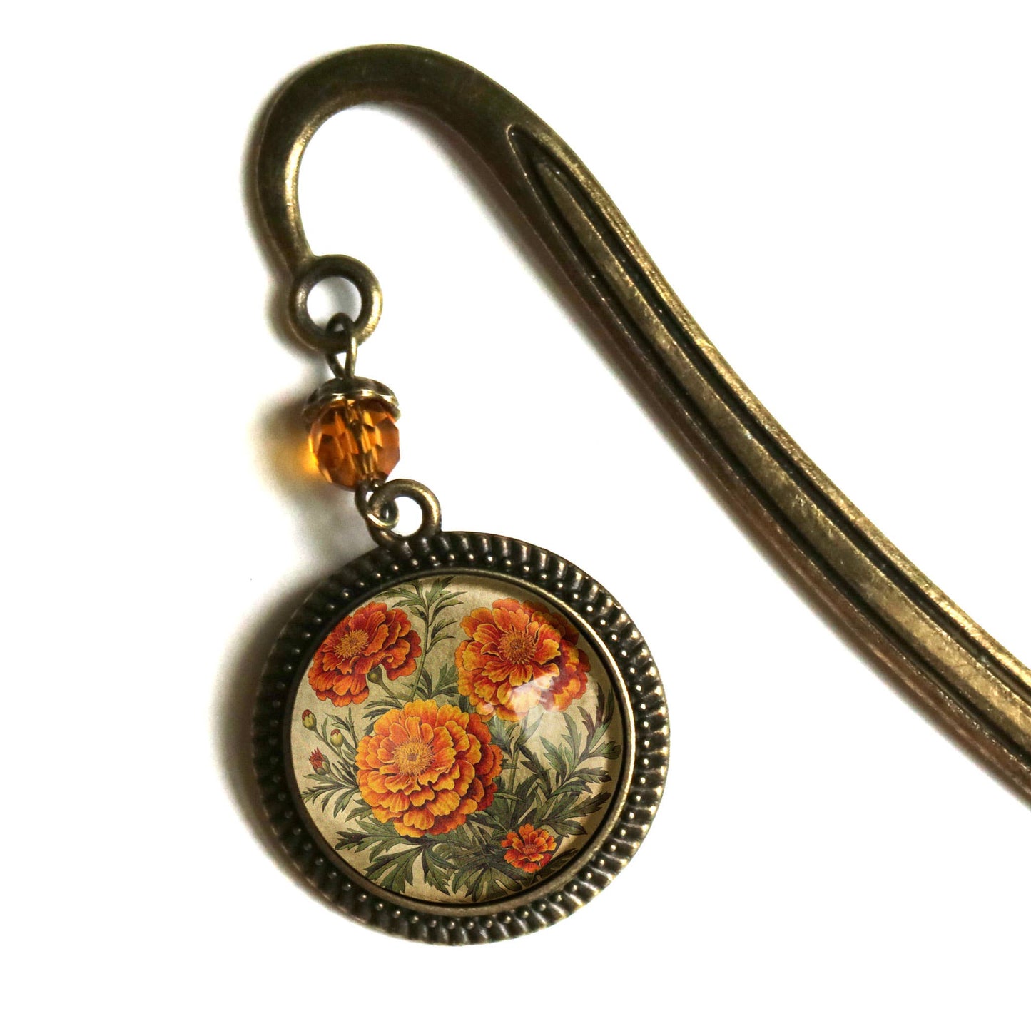 Marigold Flowers Bookmark - Floral - Bronze and Glass Cabochon Book Hook