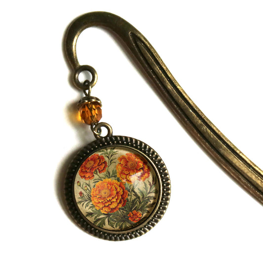 Marigold Flowers Bookmark - Floral - Bronze and Glass Cabochon Book Hook