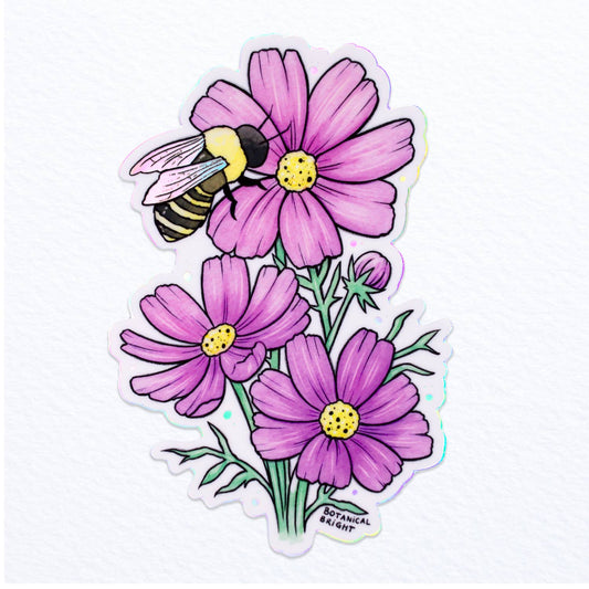 Bee and Cosmos Flower Sticker - Waterproof Vinyl - Holographic Details