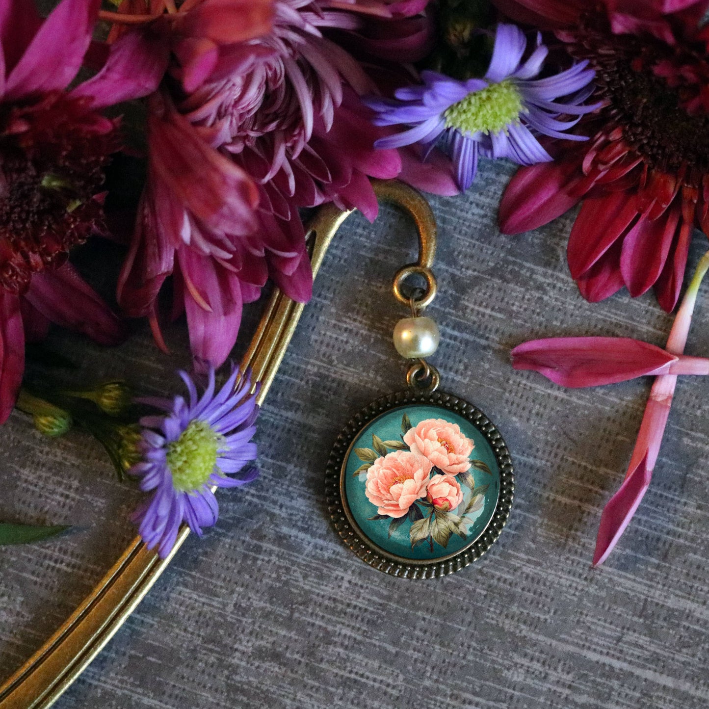 Pink Peony Flowers Bookmark - Bronze and Glass Cabochon - Pearl Bead - Indiana State Flower