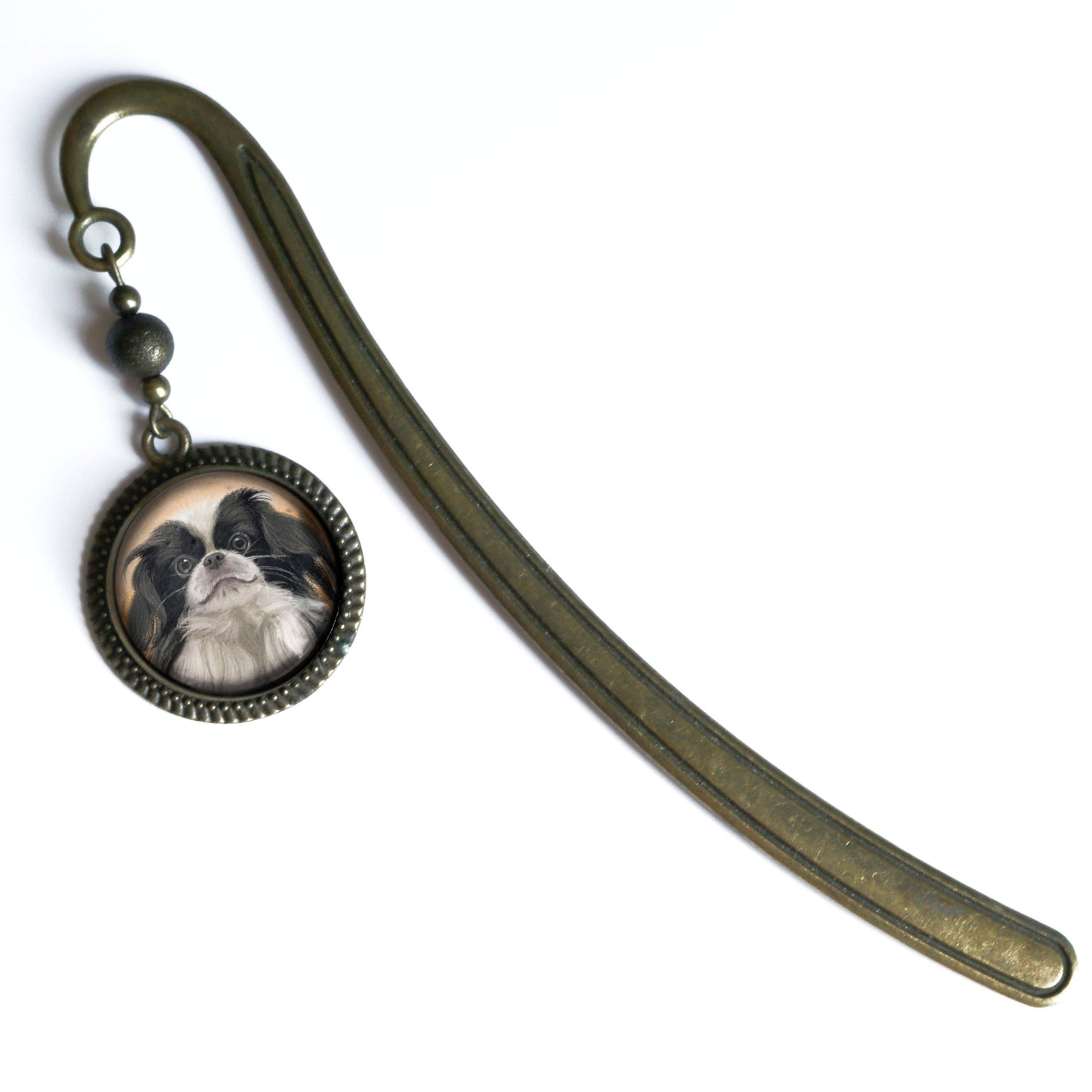 Japanese Chin Dog Bookmark - "Best Friends" - Bronze and Glass Cabochon