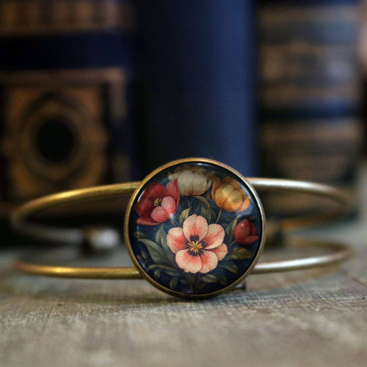 Moody Tulip Flowers Cuff Bracelet - Bronze and Glass Cabochon - Spring