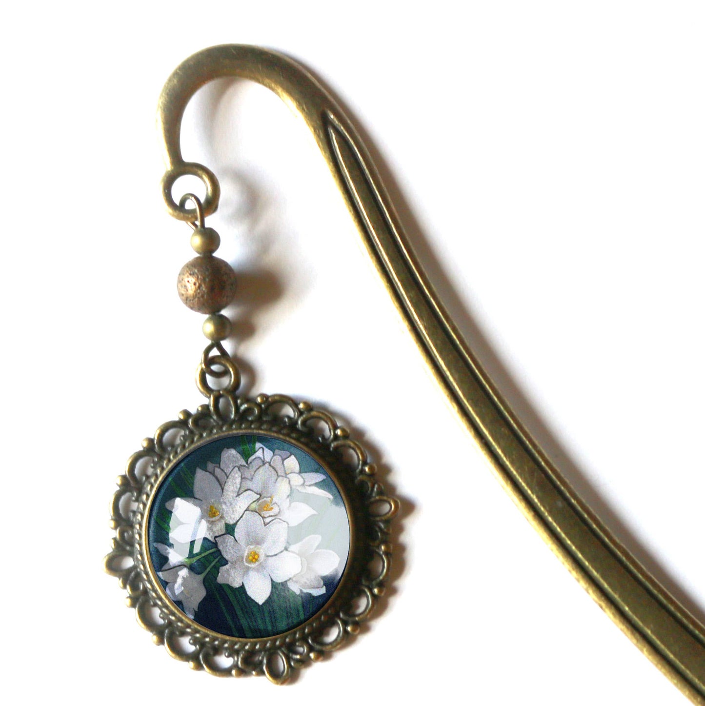 Paperwhite Narcissus Flowers Bookmark - Bronze and Glass Cabochon