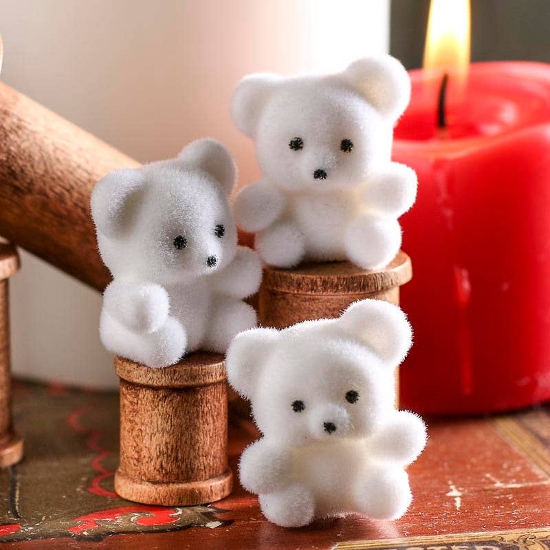 1" Miniature White Flocked Teddy Bears - Set of 4