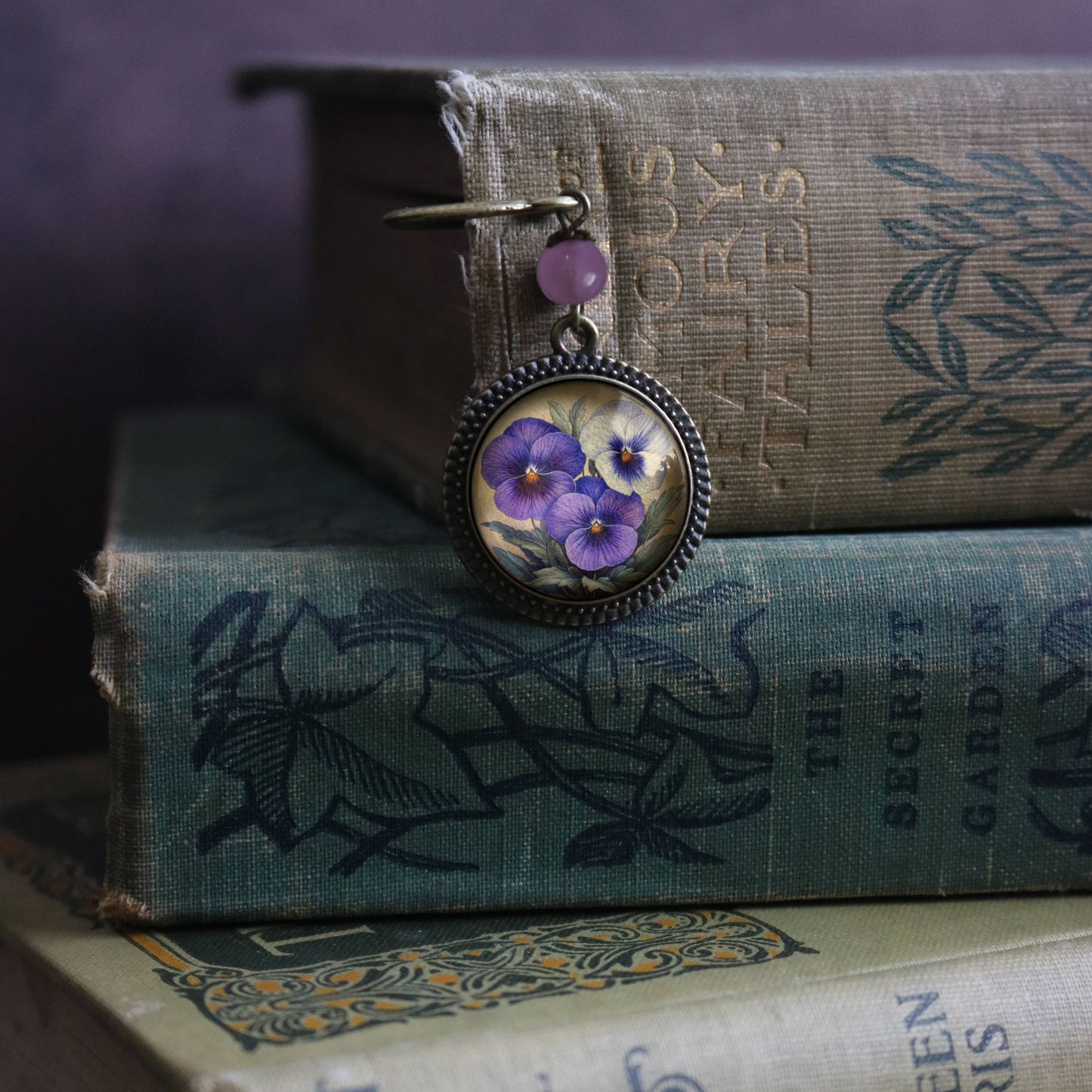 Purple Pansies Flowers Bookmark - Spring Floral - Bronze