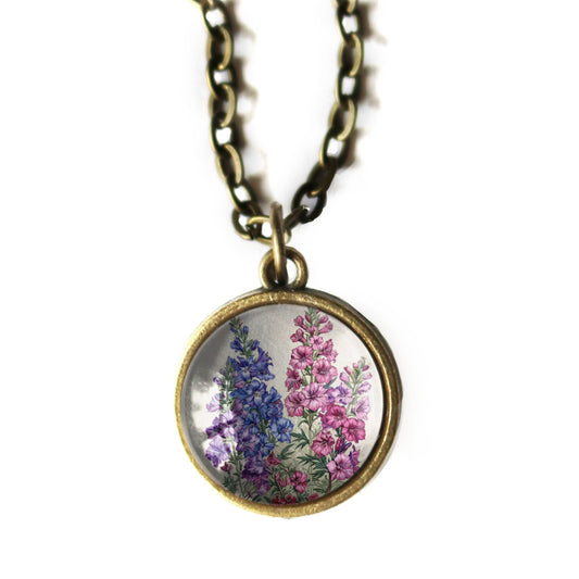 Larkspur Pendant Necklace - Delphinium Flower - Bronze & Glass Cabochon