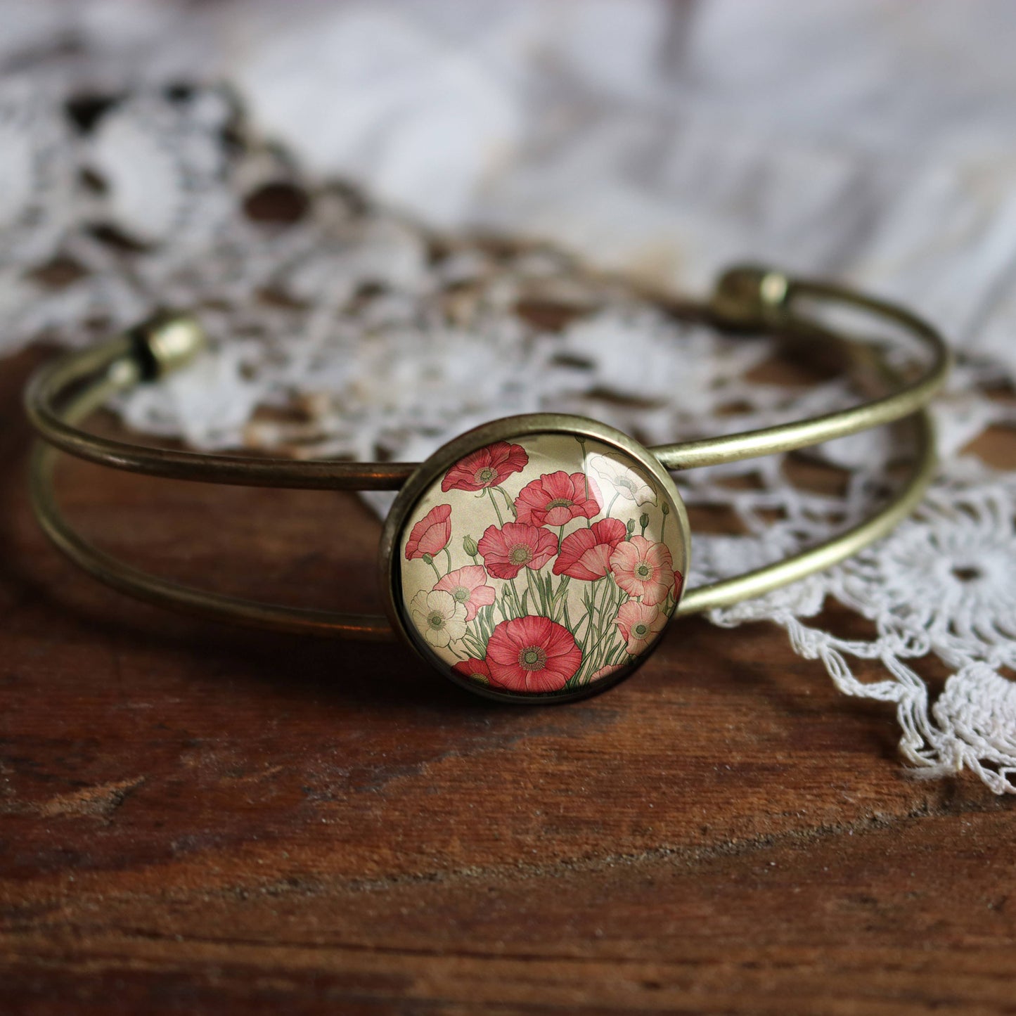 Pink and Red Poppy Flowers Cuff Bracelet - Bronze and Glass Cabochon