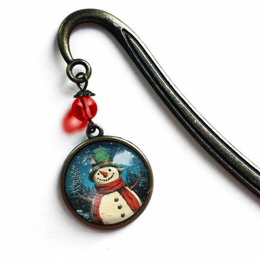 Snowman in a Top Hat Bookmark - Christmas - Bronze and Glass Cabochon Book Hook