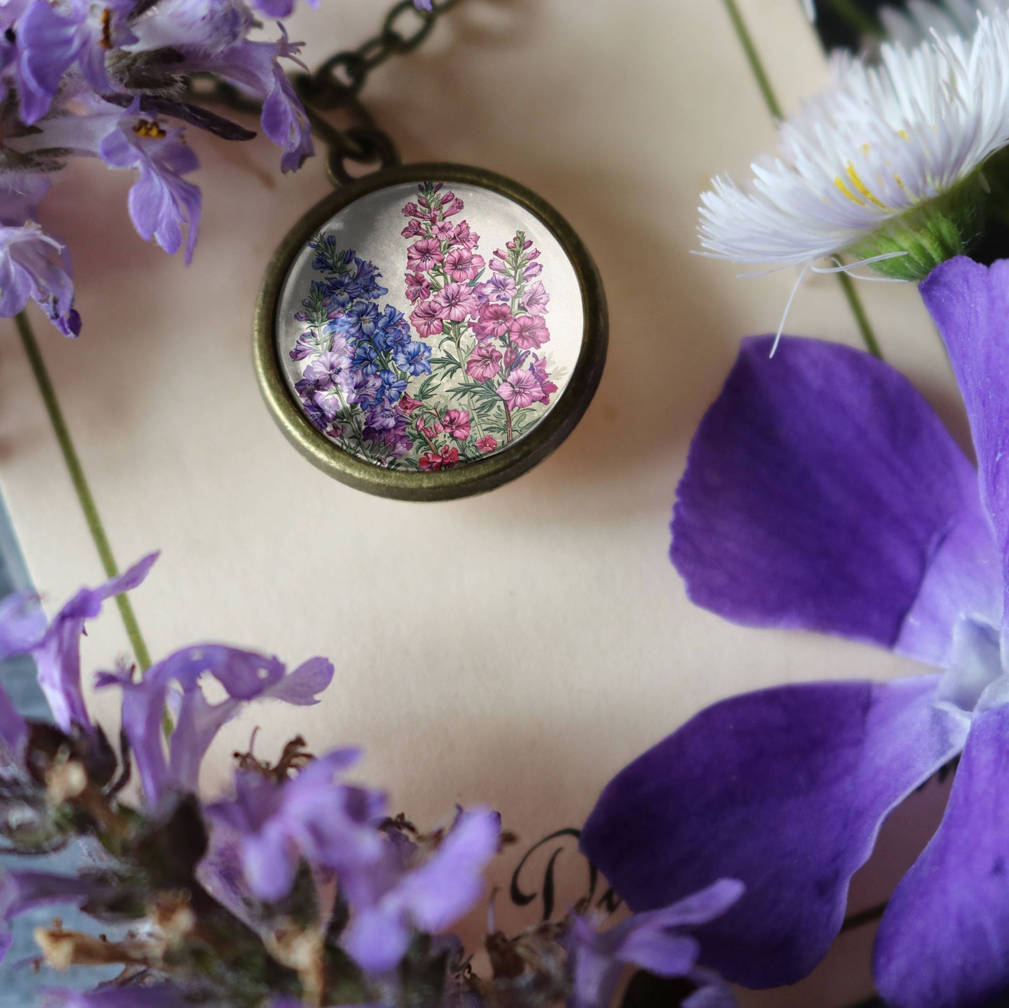 Larkspur Pendant Necklace - Delphinium Flower - Bronze & Glass Cabochon