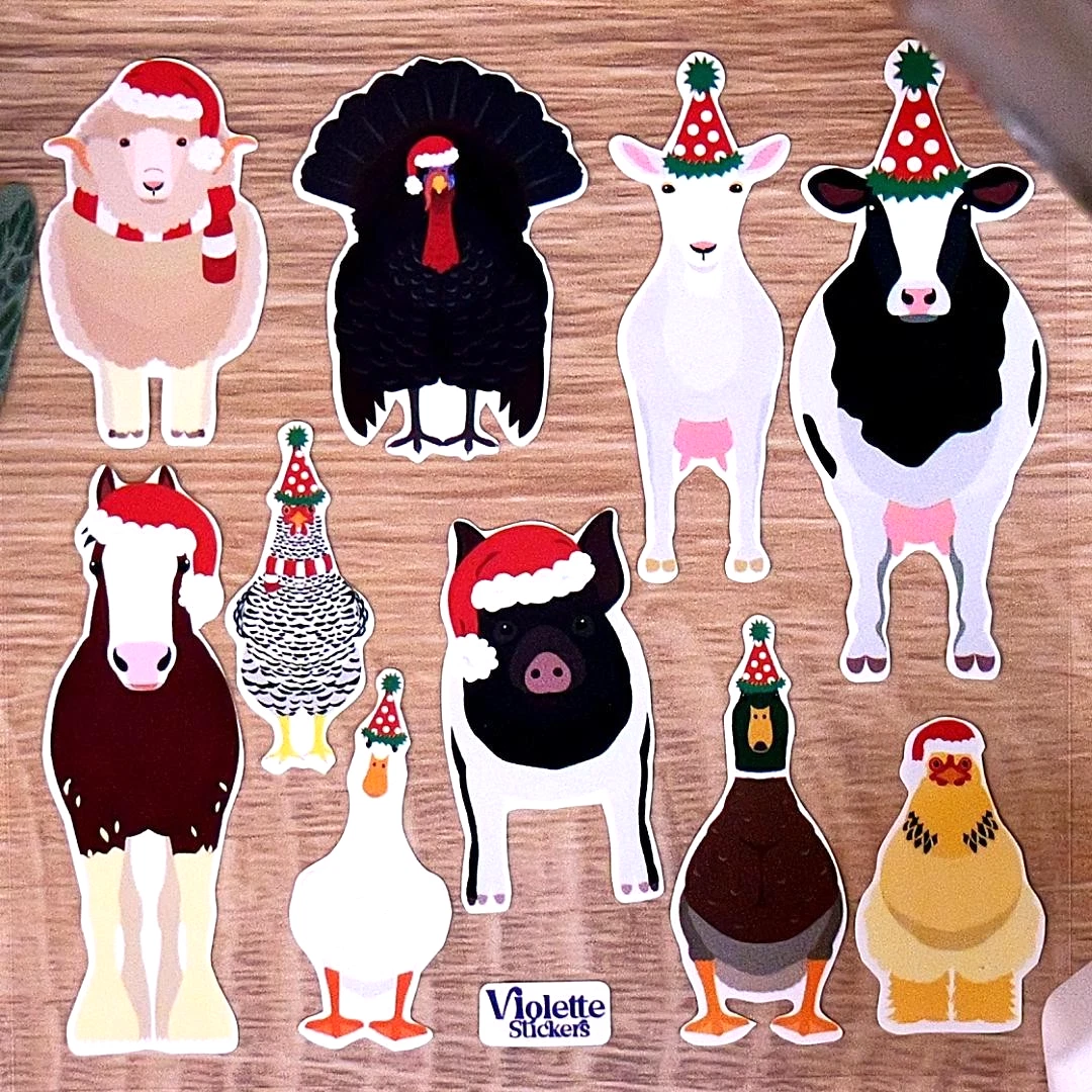 Santa Farm Animals Stickers - Animal Christmas Sticker Sheet
