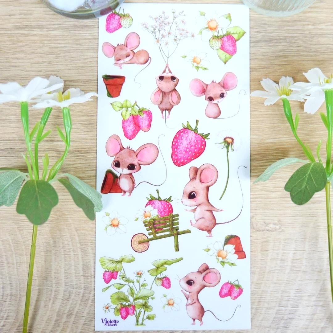 Strawberry Mice Vintage Stickers - 2 Sticker Sheets for Stationary, Scrapbooking, & More