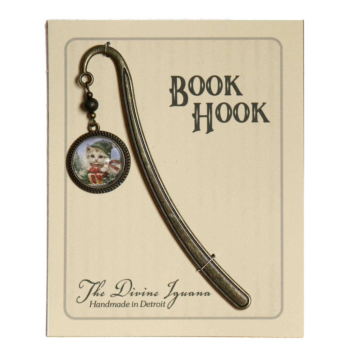 Fluffy Christmas Kitten Bookmark - Winter Holidays- Bronze and Glass Cabochon