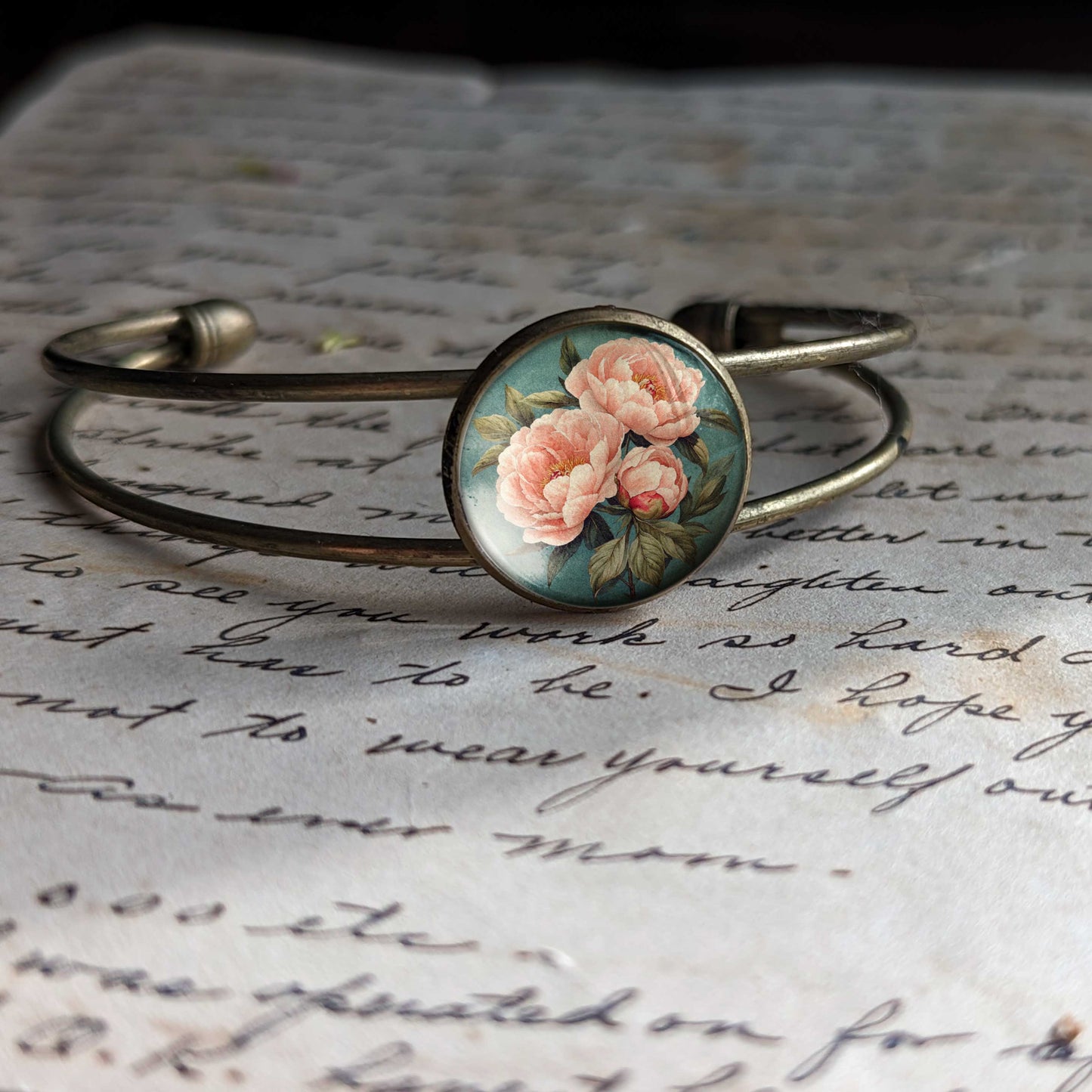 Pink Peony Cuff Bracelet - Spring - Glass Cabochon - Indiana State Flower