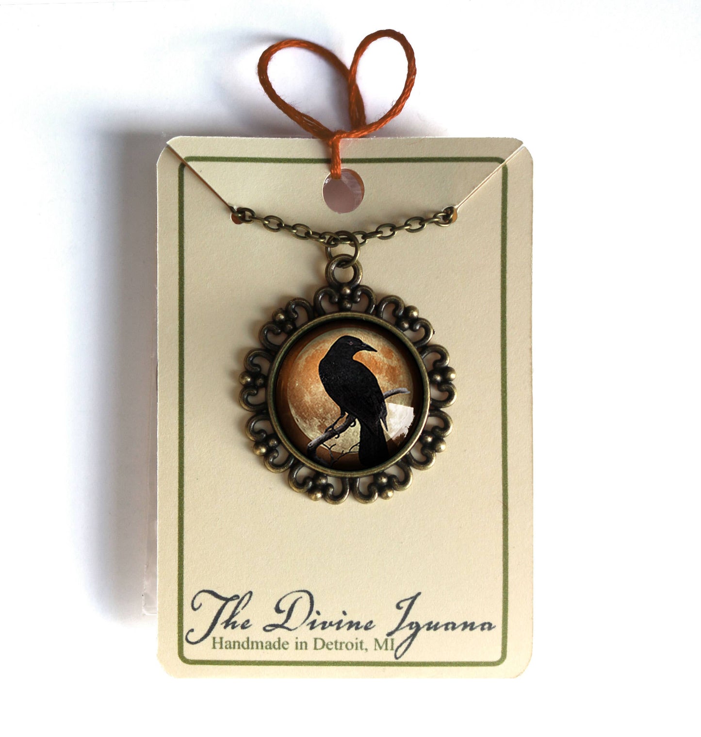 Orange Raven Ornate Necklace - Goth - Halloween