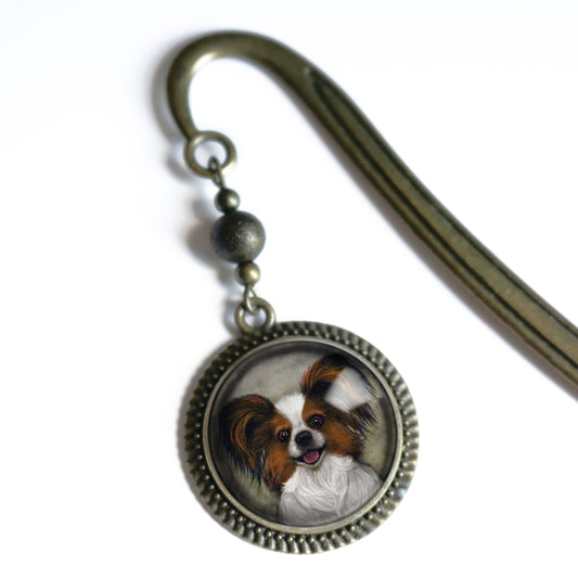 Papillon Dog Bookmark - "Best Friends" - Bronze and Glass Cabochon