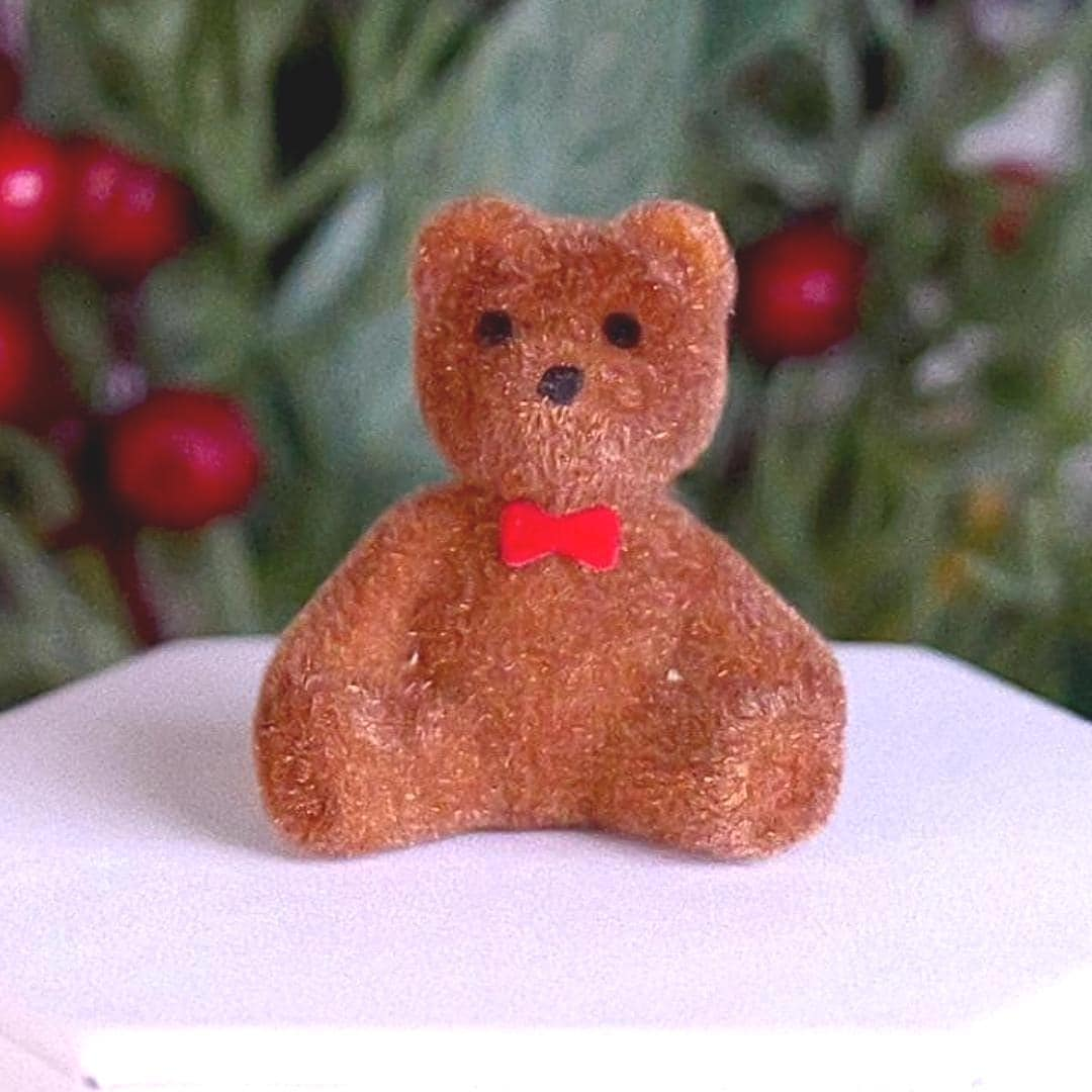 Miniature Flocked Brown Bear Figurines with Red Bows - Crafts, Displays, & Dioramas