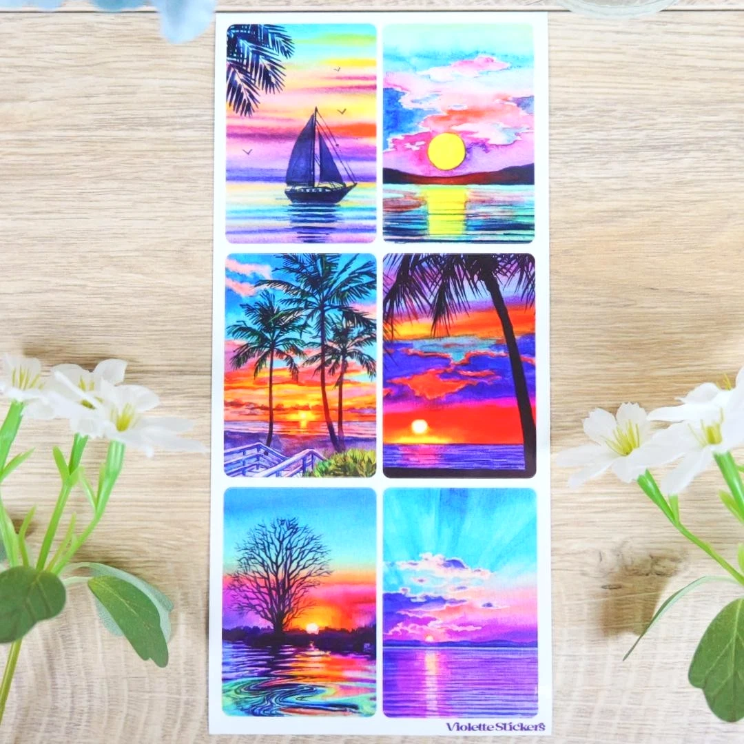 Tropical Sunset Stickers - 2 Summer Beach Sticker Sheets