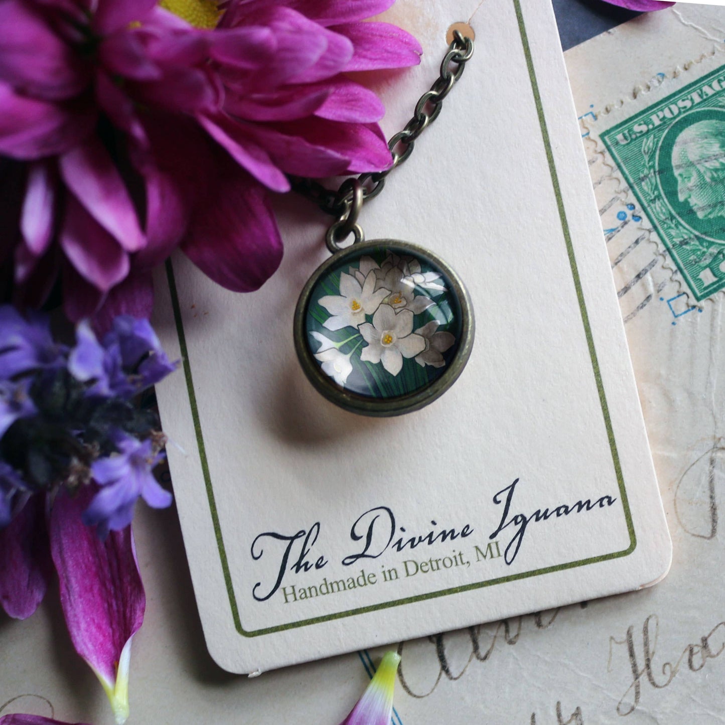 Paperwhite Narcissus Flower Pendant Necklace - Bronze & Glass Cabochon