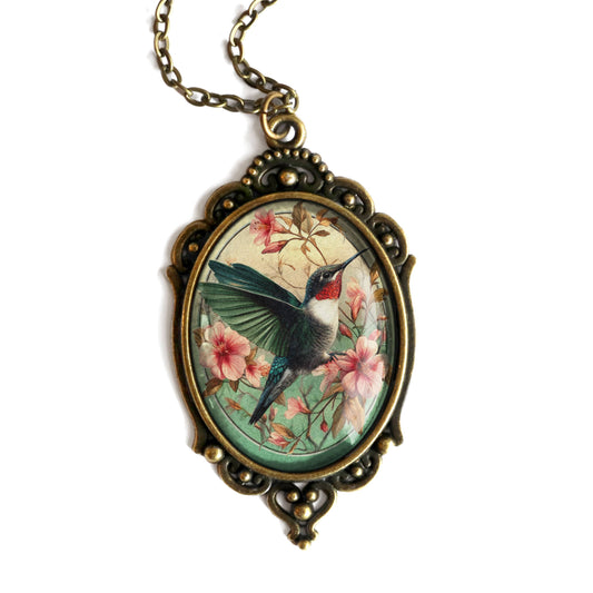 Hummingbird Ornate Pendant Necklace - Art Nouveau - Oval