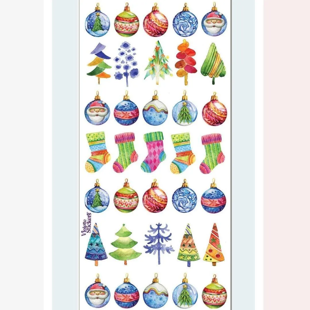Watercolor Christmas Stickers - Festive Holiday Sticker Sheet - Colorful Winter Crafts
