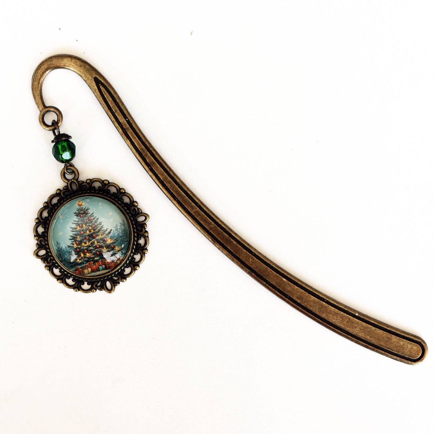 Victorian Christmas Tree Bookmark - Winter - Bronze and Glass Cabochon Book Hook