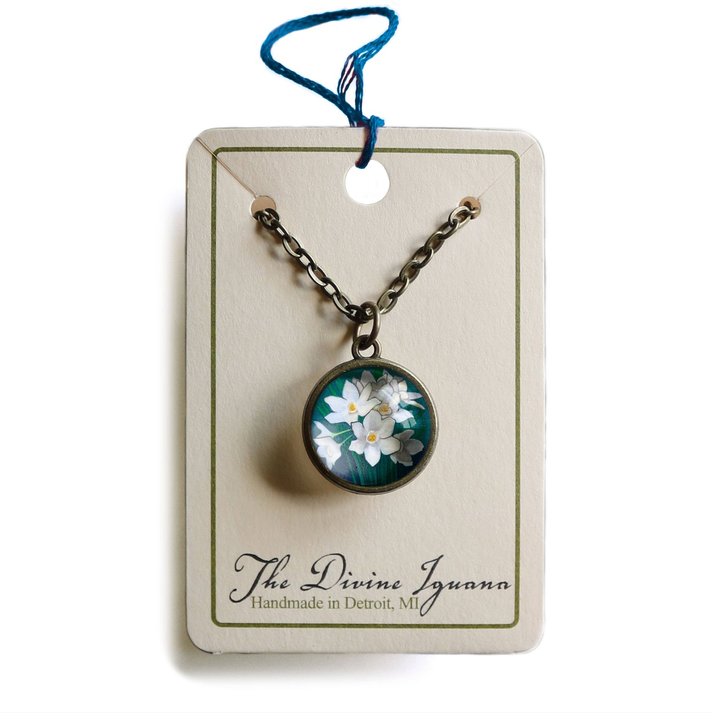 Paperwhite Narcissus Flower Pendant Necklace - Bronze & Glass Cabochon