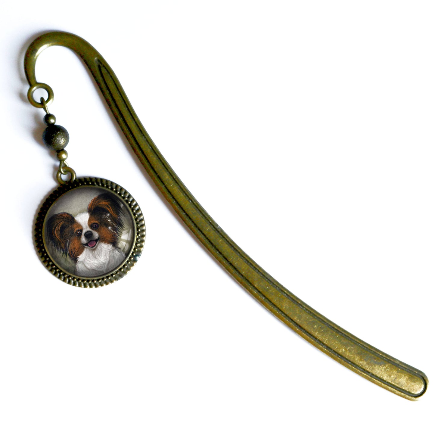 Papillon Dog Bookmark - "Best Friends" - Bronze and Glass Cabochon