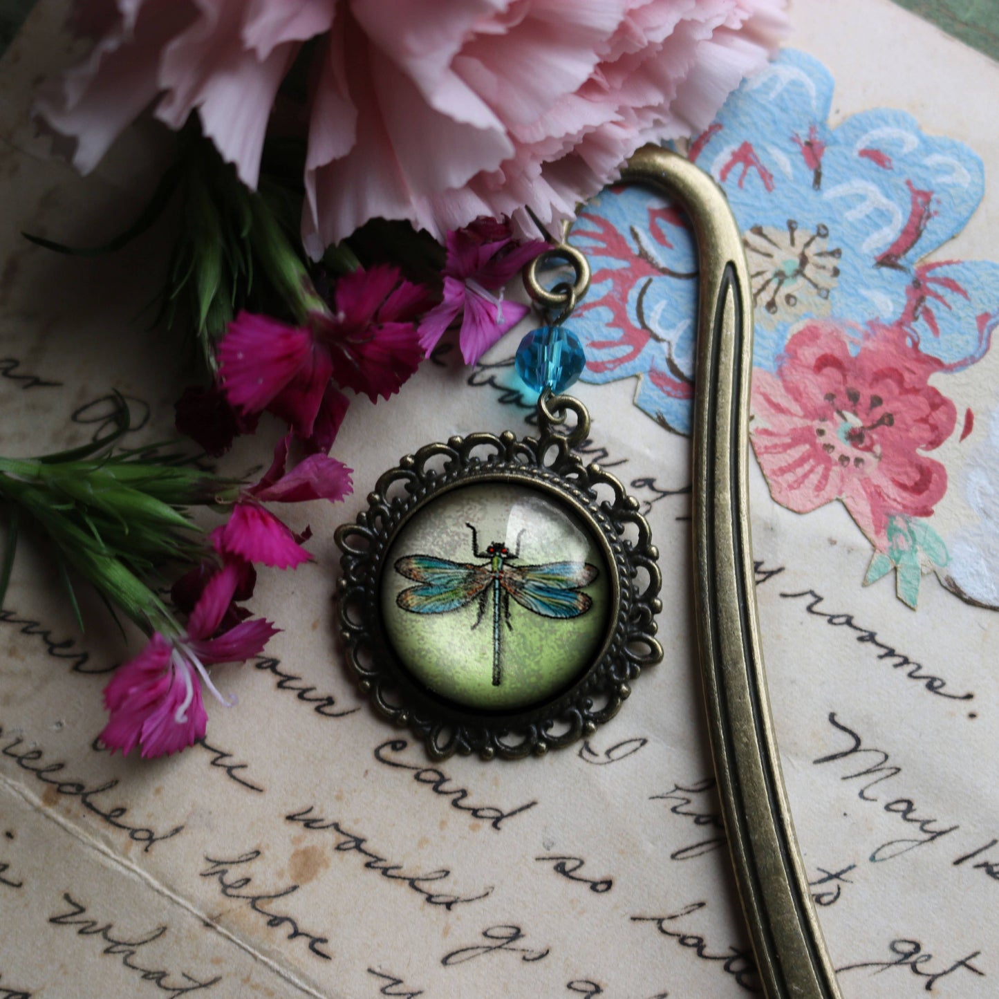 Dragonfly Bookmark - Vintage Inspired Glass Cabochon - Bronze