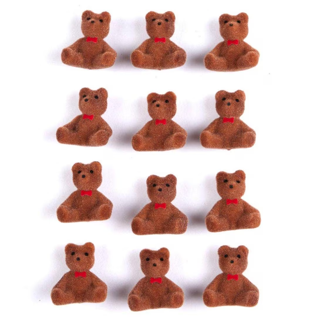 Miniature Flocked Brown Bear Figurines with Red Bows - Crafts, Displays, & Dioramas