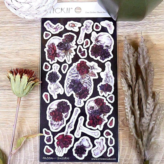 Spooky Blossom Floral Stickers - Skeletons and Flowers Sticker Sheet - Gothic & Halloween