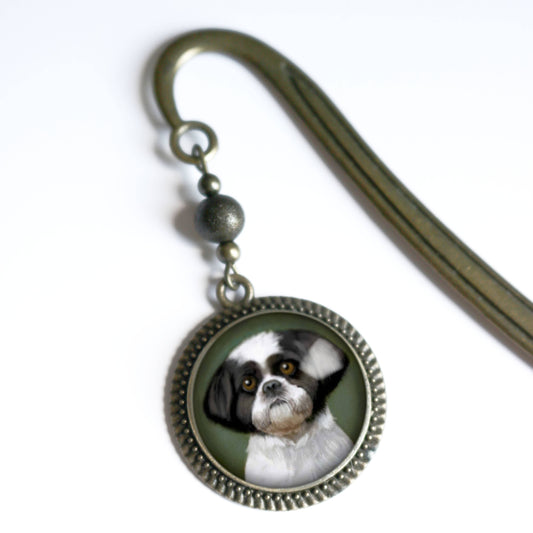 Shitzu Dog Bookmark - "Best Friends" - Bronze and Glass Cabochon Book Hook