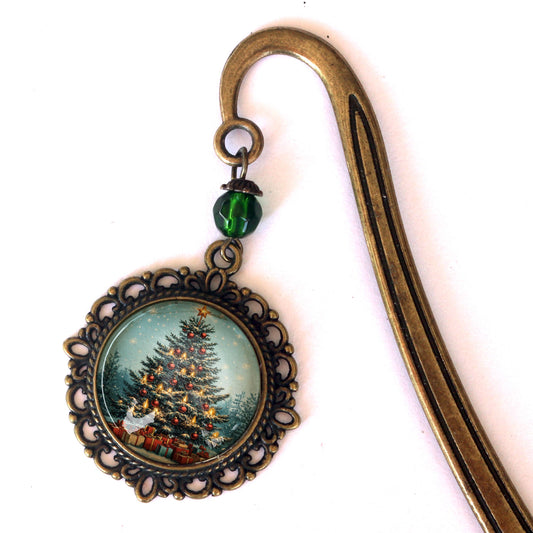 Victorian Christmas Tree Bookmark - Winter - Bronze and Glass Cabochon Book Hook
