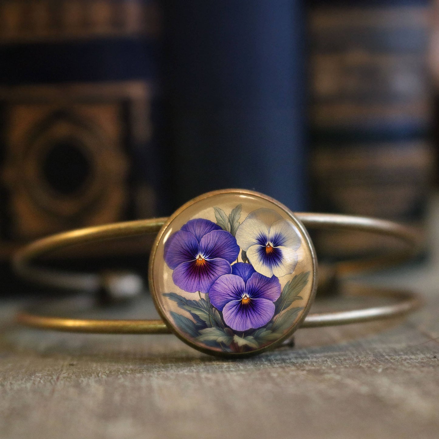 Purple Pansies Cuff Bracelet - Spring Floral - Bronze and Glass Cabochon