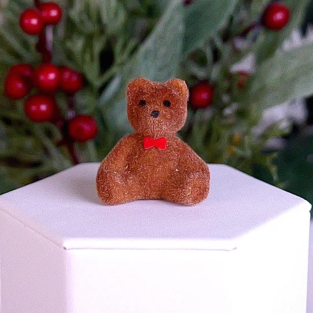Miniature Flocked Brown Bear Figurines with Red Bows - Crafts, Displays, & Dioramas