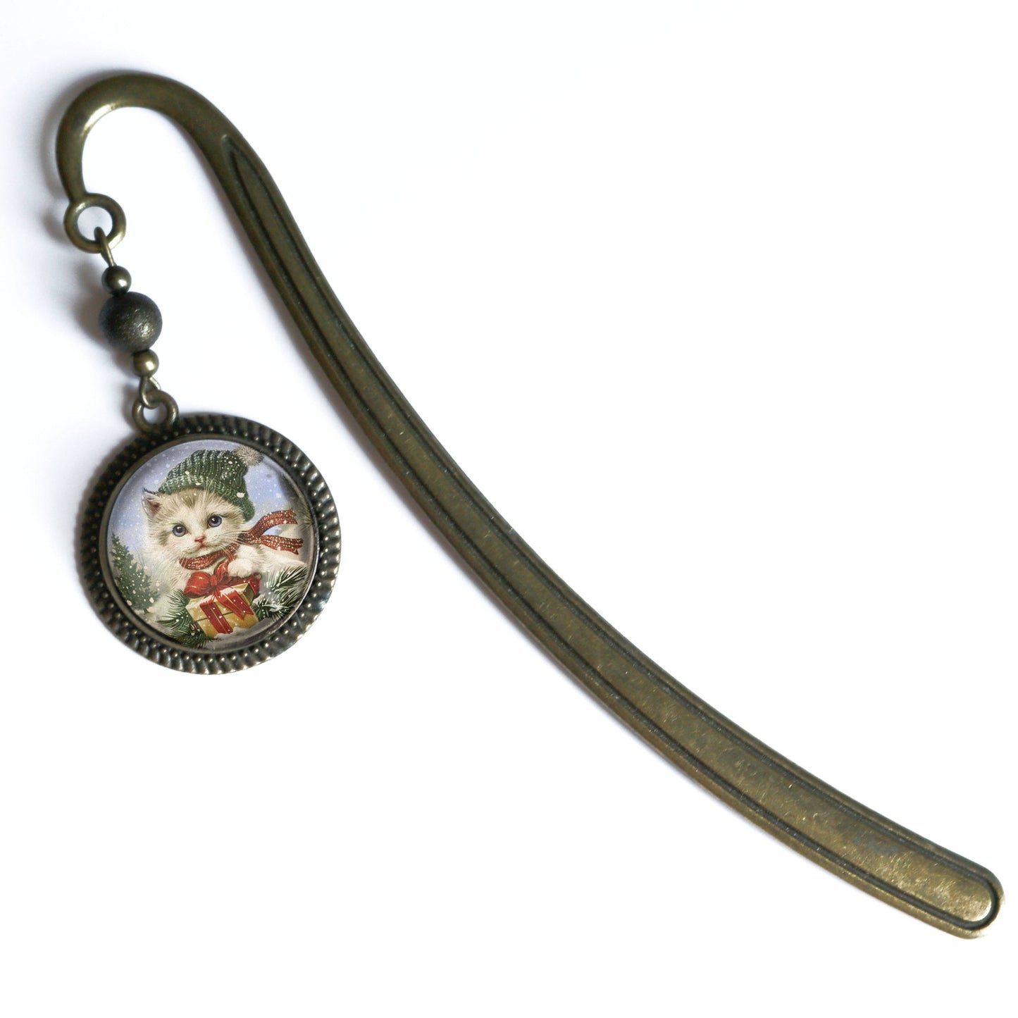 Fluffy Christmas Kitten Bookmark - Winter Holidays- Bronze and Glass Cabochon