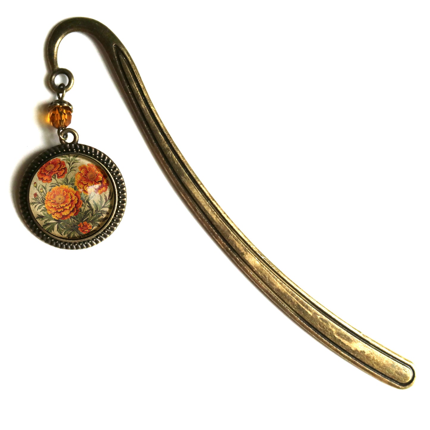 Marigold Flowers Bookmark - Floral - Bronze and Glass Cabochon Book Hook