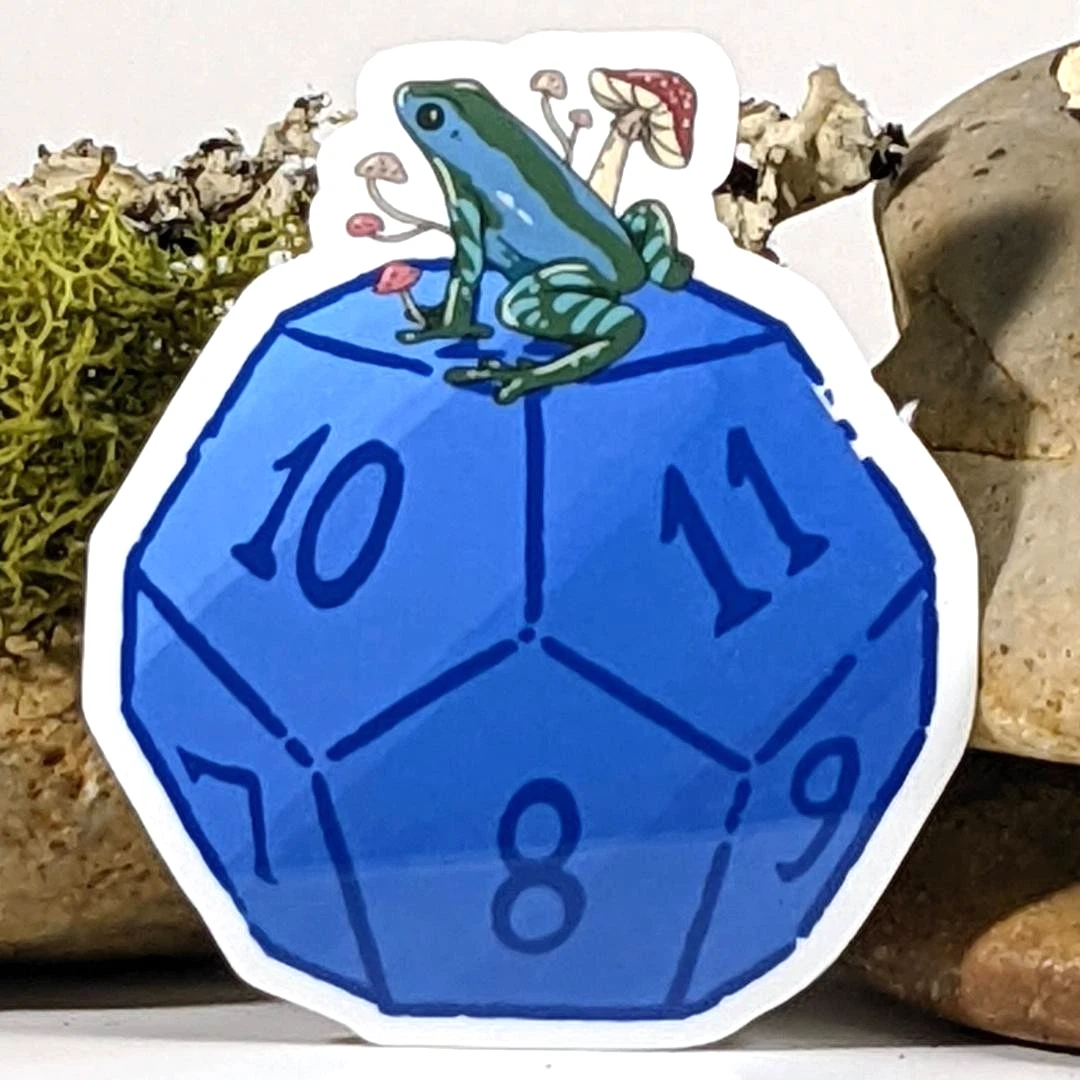 Mushroom Frog Sitting atop a D12 Polyhedral Dice Sticker - 3" Waterproof Vinyl Decal