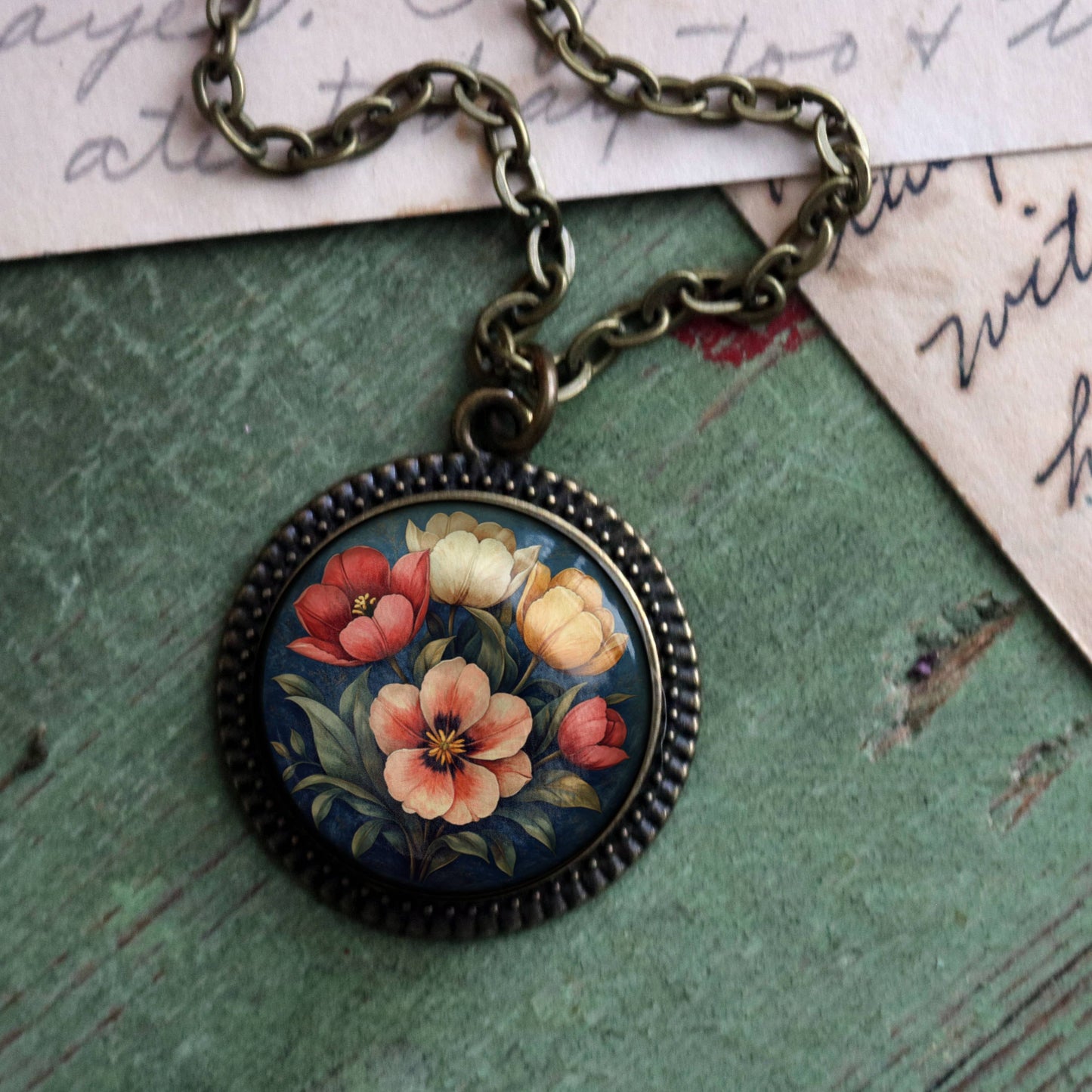 Moody Tulip Flowers Pendant Necklace - Glass Cabochon and Bronze - Spring