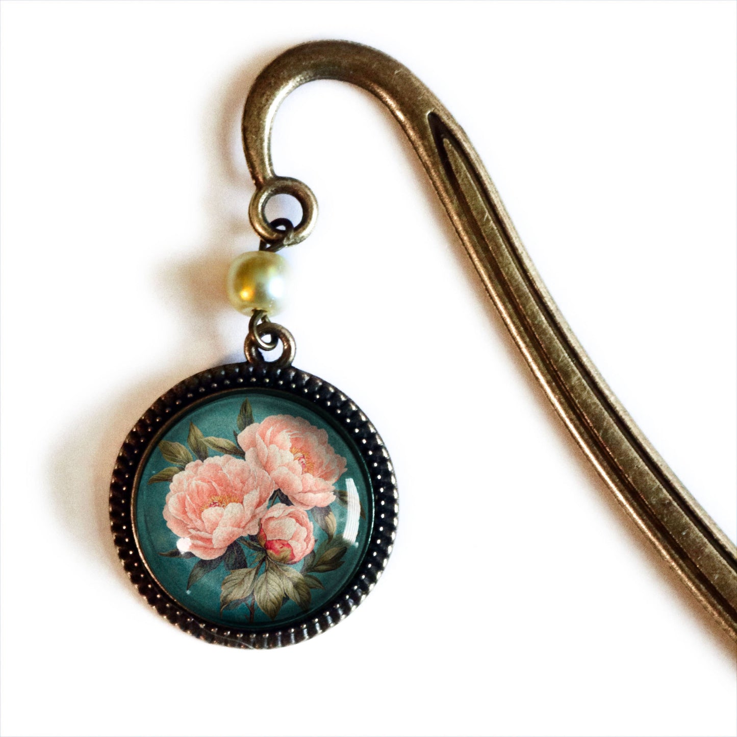 Pink Peony Flowers Bookmark - Bronze and Glass Cabochon - Pearl Bead - Indiana State Flower