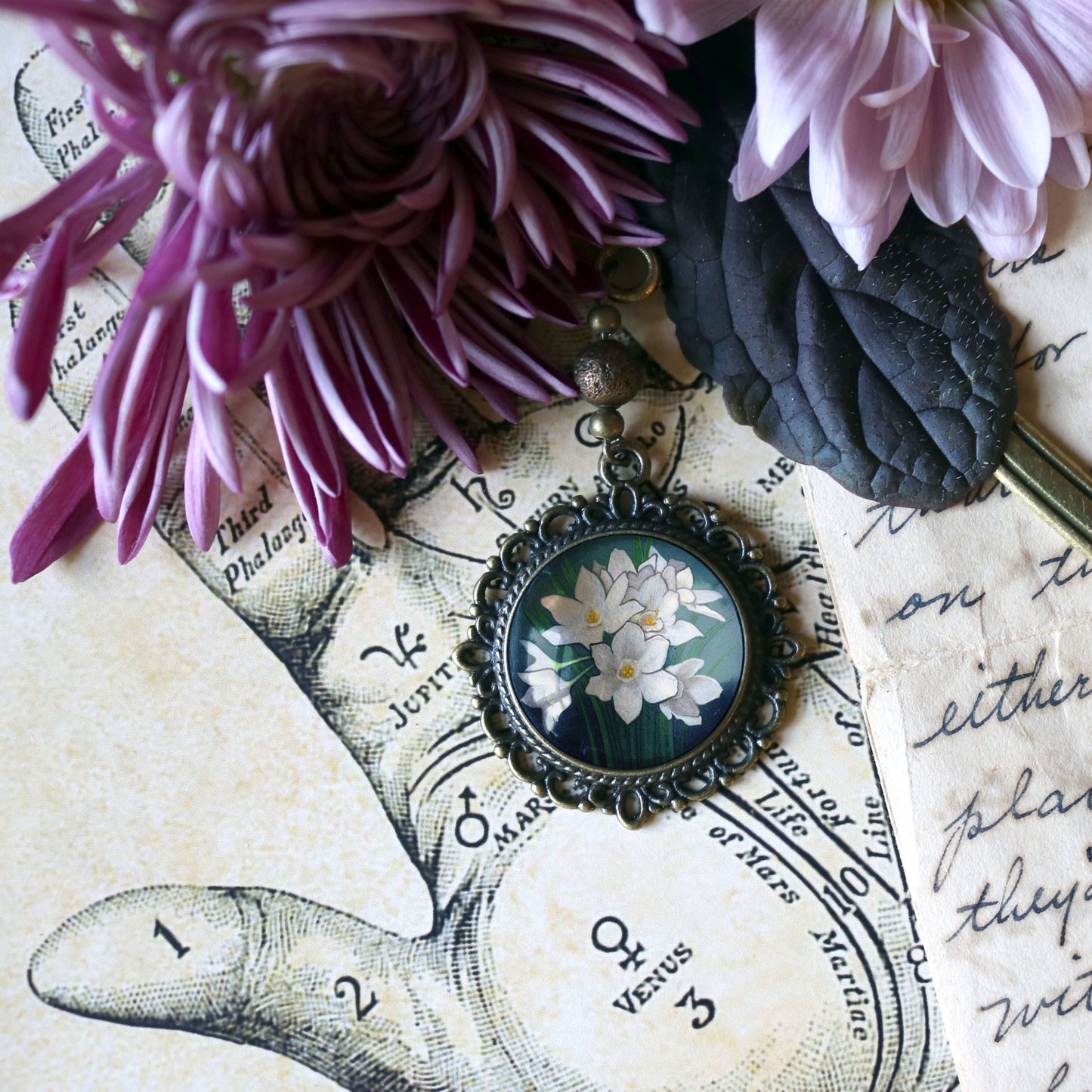 Paperwhite Narcissus Flowers Bookmark - Bronze and Glass Cabochon